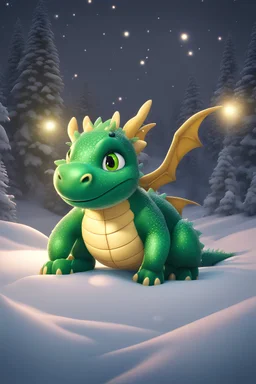 cute fairy green shiny dragon baby in pixar style on the snow in front of a fabulous snowy forest in the moonlight on the background of a Christmas tree