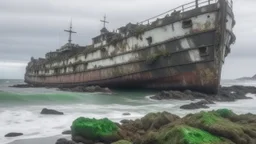 ABANDONED CARGO SHIP STRUCK ON THE COAST IN DETERIORATED CONDITION WITH RUST, ALGAE AND MARINE ORGANISMS, IT IS OBSERVED FROM ROCKS BY A PERSON, THE DAY IS VERY CLOUDY AND GRAY AND THE SEA IS ROUGH