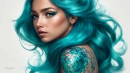 Mermaid Portrait, Shimmering Turquoise Tail, Tattoo, High Resolution, Trending on Artstation, Fine Details, 8K