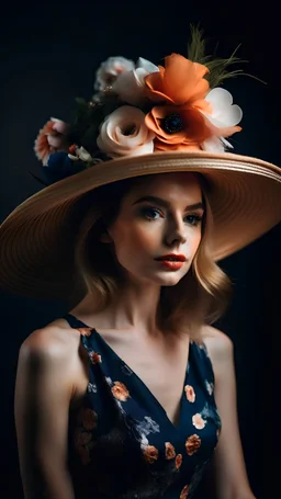 una modelo con un vestido y un sombrero elegante para una fiesta