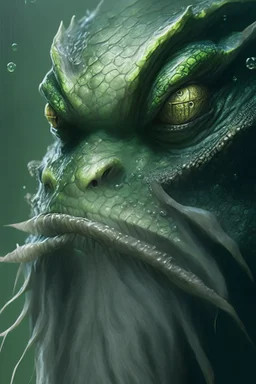 frog-like face, a long beard, scaly gray-green skin, and the tail of a large fish Demon,highly detailed, digital painting, artstation, concept art, smooth, sharp focus, blur, short focal length, illustration, art by artgerm