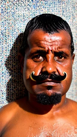 strong stocky marocan with chevron moustache 40 years old under the shower, hands over the head, big tights, wet, in an old bathroom, misery and poverty, photorealism, 35mm lens, ultra detailed, extreme close up photo