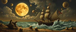 master oil painting by Rembrandt, good afternoon clay moon chill hyper bigger than life zebra dream smoking trickster golem peeking out of a sand twister whirlwind cocoon, all inside a bottle ship and there are lotsa huge glassy marbles