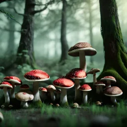 mushroom forest, 4k, 8k, highly detailed, cinematic, ultra photorealistic, volumetric lighting, sharp details, mist, trees