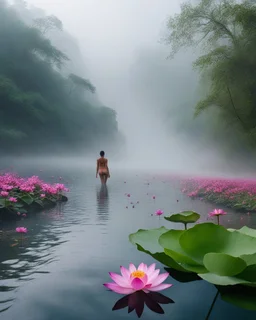 🐊 🌸🌺 landscape a wonderful lotus flowers on river beauty early morning heavy fog cold,a beautiful woman rise up swim on end up on river,high sharpens photography HD,photography realistic colors sharpens