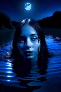 girl from the river, by night, moon in the sky, blue light from the water, diamond in her front, show her face