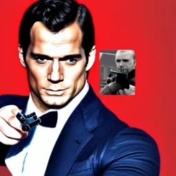 henry cavill as james bond, pointing gun, with spiral background and red square in moscow