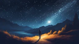 Sketch-style illustration of a person with a flashlight searching through a starry night sky, symbolizing the quest for talent and fame. hdr, 8k wallpaper, Behance hd, digital art