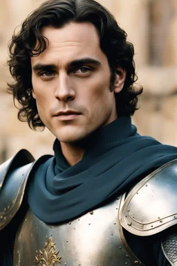 Joaquin Phoenix from year 2000, draped waves haircut, black hair, in medieval setting, in medieval armor colored back