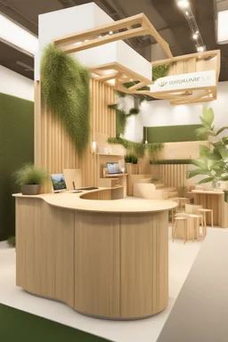 Corner exhibition stand in eco-style, with wood elements and greenery, with meeting areas