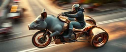 seen from above, tattoo style, motion blur, airbrush art, elon musk riding an awesome trike spaceship in copper, fast one in the shape of a pig is half horse half pig, now its gonna do an awesome gig , bokeh like f/0.8, tilt-shift lens 8k, high detail, smooth render, down-light, unreal engine, prize winning