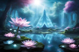 in a magical forest a magnificent crystal palace, pink and blue light, dancing light particles present everywhere, a small turquoise lake, a small waterfall, crystal flowers, crystal cluster, special lighting,in the center of the lake a small island with a crisystal pyramid , rays of sun, in the foreground luminous white lotus flowers, magical atmosphere, very good definition, many refined details