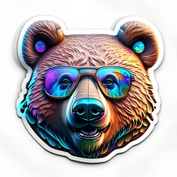 sticker on white background, 3d Head of a Bear with glasses, psychedelic, octane render, unreal engine 5, DMT art, funny, smiling