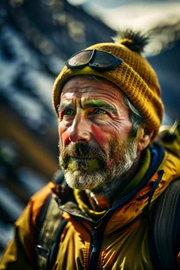 portrait of mountain climber in the Alps as a gold fish,shot on Hasselblad h6d-400c, zeiss prime lens, bokeh like f/0.8, tilt-shift lens 8k, high detail, smooth render, down-light, unreal engine, prize winning