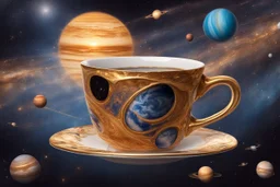 A universe swirling in a beautiful gold rimmed porcelain coffee cup, with planets, stars, steam, masterpiece, in sunshine