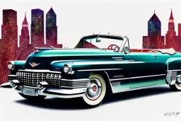 a true-to-life 1949 cadillac series 62 convertible, centered, intricate, extreme detailed, photorealism, center view, city background, pivot on cadillac, pen and color marker painting by cheryl kelley