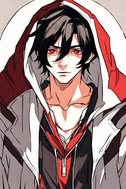 18-year-old boy with black hair and a hairstyle with red-colored eyes in a medieval fantasy hoodie