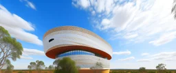 A white art museum in the sky designed in Australian aboriginal art