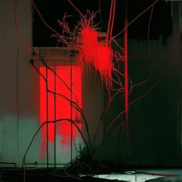 Minimal abstract oil painting of a neon plant in concrete warehouse brutalist architecture and hanging wires illuminated at night. With triadic red colours. In the style of Justin Mortimer and Phil Hale, Ashley Wood