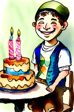 A cute smiling jewish boy with a kippah is sitting at a table, together with a lion and a birthday cake. Watercolour