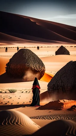 a woman in blood warring black in the desert surrounded by men and women through stones on her.