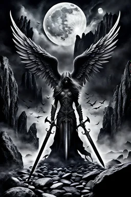 surreal dreamlike scene, stunning warrior fallen angel with sword, mystic gloomy, dark shadows and vertical pale light, stones, rocks, dark vibe, come strom , dark colors, , moon with black darkness, fog, detailed, spalh art, black and white art