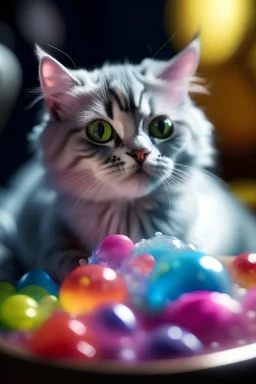 portrait of glitter haired cow kitten playing a hippie space ship made of ice cream, smiling with beautiful shiny, each inside a pile of transparent jelly bubbles of weird colors, disco egg made of small mirror, light rayz, feast table ,shot on Hasselblad h6d-400c, zeiss prime lens, bokeh like f/0.8, tilt-shift lens 8k, high detail, smooth render, down-light, unreal engine, prize winning