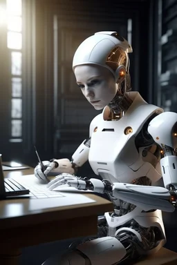 generate a front cover representation of Ai photo realistic attractive female humanoid bot writing a book at a desk