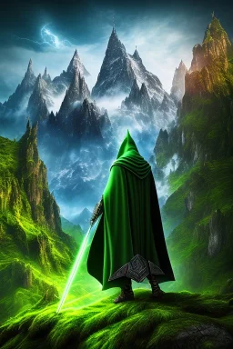 Powerful wizard using green magic, wearing dark cloak, castle in background on mountains