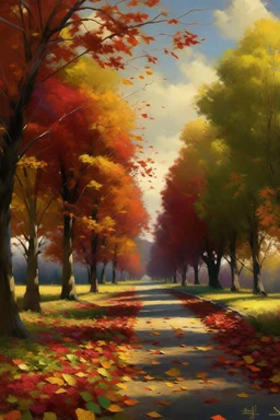 Recreate the essence of autumn by depicting a tree-lined boulevard covered in vibrant, multicolored leaves. Be meticulous with details, from the textures of the leaves to the play of light and shadows.