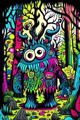 Monster for kids in the forest, multicolored, colorful, high contrast, coloring book style