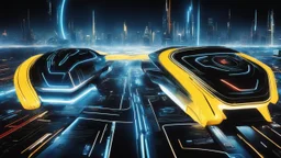 tron legacy movie, programs, space ships, city of the future, yellow, blue, red