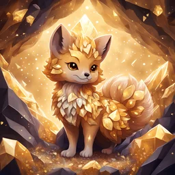 Gold colored Vulpix and covered in Gold crystals background crystal cave, in funk art style