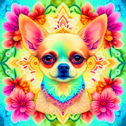 coloring pages: Charming Chihuahua Mandala in a Dreamy Garden a playful Chihuahua with intricate mandala patterns, vibrant floral surroundings, soft natural sunlight, dreamy garden atmosphere, detailed fur texture, whimsical charm, detailed eyes, and a joyful expression. Illustrated in a watercolor style, 4K resolution, capturing the essence of a serene and enchanting moment.