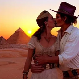 johnny depp as indiana jones kissing a model. at sunset, in egypt.