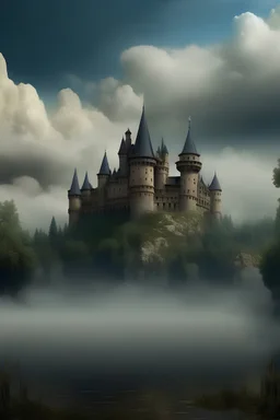 create a backround of a castle with clouds around it slowly darkening as they go closer to the castle and a river in the middle