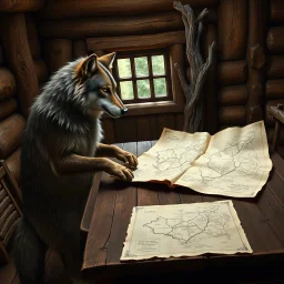 two anthropomorphic wolf stand around the old wooden table. They studying two map which features markings drawing are visible. one map lies down on big wooden table, one map holds his paws, older wolf a gnarled tree leans on a stick, in background the room's massive wooden walls, one little window, high realistic, detailed, cinematic mood
