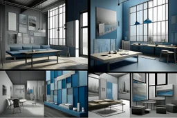 mood board for architectural graduation project and its a museum and the colors are blue and grey and the furniture for a paintings museum and show the color shades