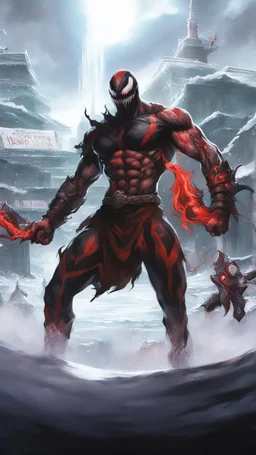 A close picture of Venom symbiote with kratos red tattoos and Clothes, holding blade of choice