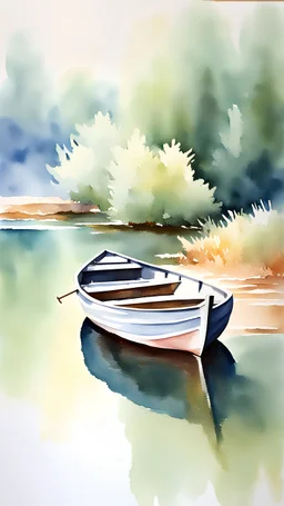 impressionism style watercolor painting of a lake with a boat in it