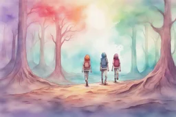 concept art water color style for teenagers in other planet having adventure two teenagers mystery weird cretures trees exiting colorful