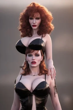 Christina Hendricks as evil queen in black leather gown, feminie, angry, stern look on her face, volouptous, busty, cleavage, emperious, mature, style of frank miller sin city, unreal 5, octane render,cinema4d, dynamic lighting, dramatic lighting, 4k, redshift render, highly detailed, hyper realistic, inside dungeon