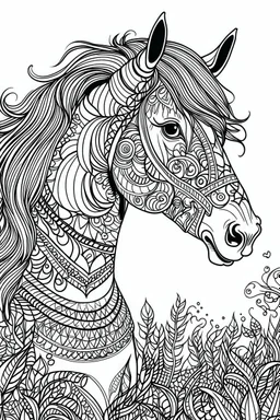 create a 2d black outline, "horse coloring book for girls", coloring page, low details design, black contour, coloring page design, simple background, colorful , card style, coloring page for girls, white background, sketch style