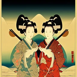 Ukiyo-e styled art, ying and yang sign