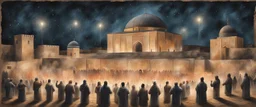 Hyper Realistic Painting of areal view of Palestinian men worshipping outside Al-Aqsa Mosque at night with celebration lights on a vintage rustic grungy paper