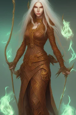 Female eladrin druid with fire abilities. Fire textured long golden hair. Tanned skin. Big red eyes with touch of fire . Has one big scar on the face and over the chest.