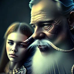 Viking theme, a younger woman sitting next to a 50-year-old man, portrait, 8K, close-up face, anatomically perfect face, Highly detailed stunning full frame portrait, misty and cloudy atmosphere