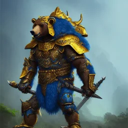 An angry bear warrior in blue and gold armor, background of Inka jungle, high detail, smooth, realistic, digital illustration, Artstation, artgerm,