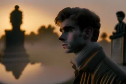 younger lifelike Treat Williams (as Berger from movie Hair) looking towards us in the cemetery, reflection, sunrise, Misty morning