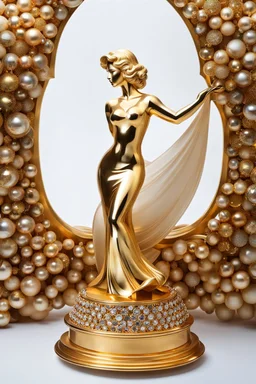 A magnificent cristal and gold heart-shaped sign adorned with a stunning berliant sphere encrusted with sparkling diamond clusters at its center, elegantly spinning in position,a golden Statue of a girl in standing pose,wearing 1960 clothing